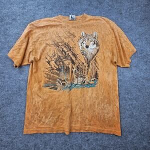 Vintage Wolves Shirt Mens XL Orange Graphic Nature Rag Tops Made USA 90s Tee
